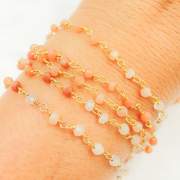 Multi Moonstone Shaded Peach Organic Shape Wire Wrap Chain